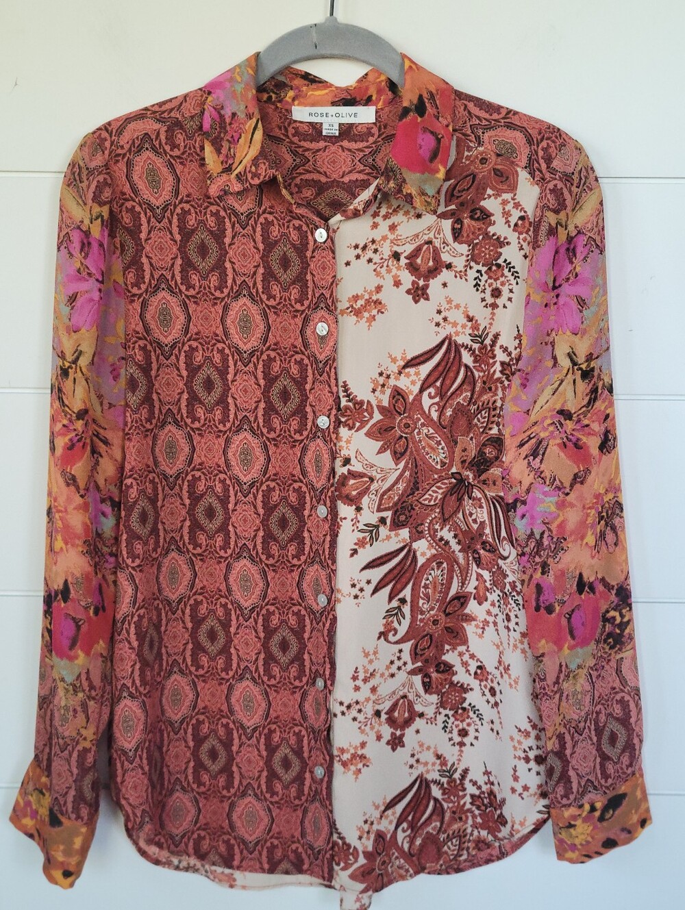 Rose + Olive Boho Paisley Semi Sheer Button Up Blouse Artsy Workwear Office XS